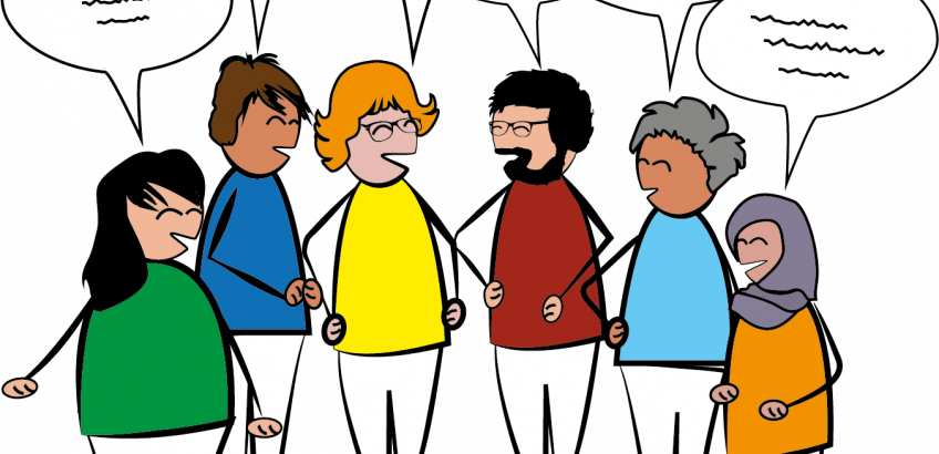 En gruppe voksne med talebobler over hovederne
